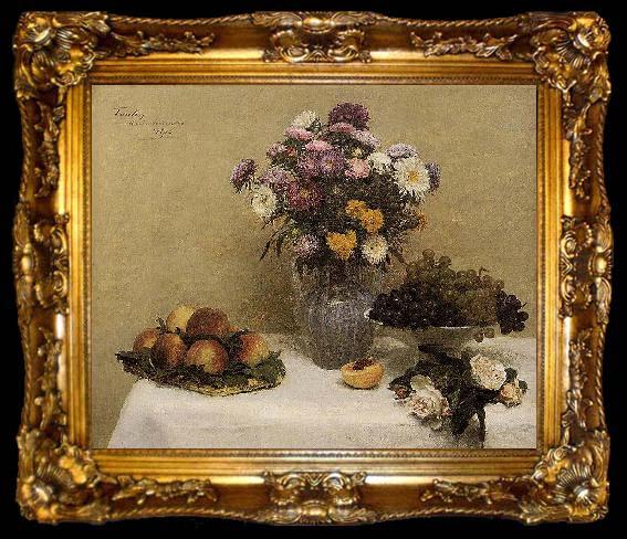 framed  Henri Fantin-Latour White Roses, Chrysanthemums in a Vase, Peaches and Grapes on a Table with a White Tablecloth, ta009-2